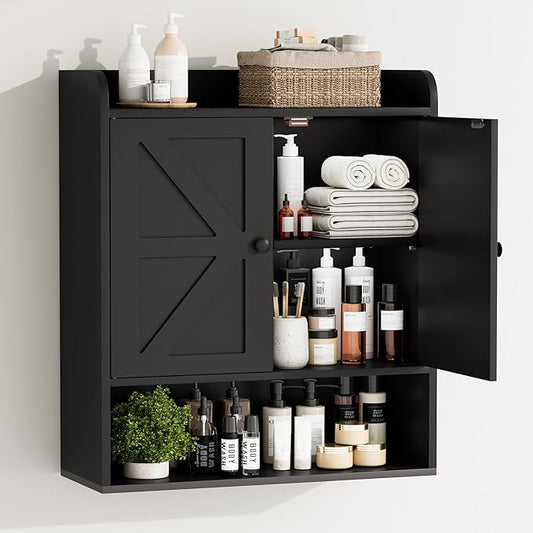 EasyCom 22" W x 26" H Bathroom Wall Cabinet, Farmhouse Medicine Cabinet with Adjustable Shelves and Double Barn Doors, Over The Toilet Storage Cabinet for Bathroom, Kitchen, Living Room, Black