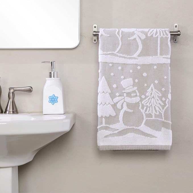 SKL Home Christmas/Winter Scenic Snowmen Bath Towel, 100% Cotton, Gray | 500 GSM. Soft & absorbent. Textured jacquard pattern. Great for holiday gifting.