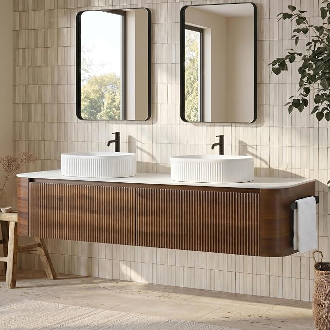 72" Floating Bathroom Vanity with Double White Sink, Walnut | Pre-Assembled Fluted Wall Mounted Vanity with Sintered Stone Countertop, Rounded Edges, Soft-Close Drawers & Towel Rack