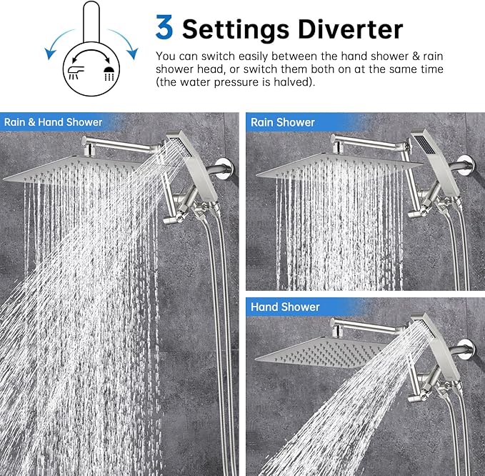 G-Promise All Metal 12 Inches Rainfall Shower Head with Handheld Combo | All Metal, Built to Last, Easy Install, Adjustable Height & Angle for All Heights, Extra Long Hose, Modern Upgrade