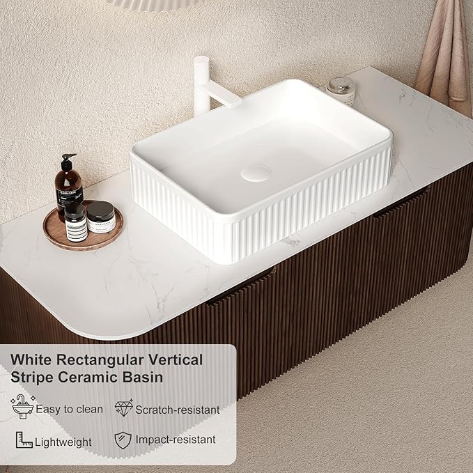 48" Floating Bathroom Vanity with Sink, Wall-Mount Cabinet with 2 Large Storage Drawer, White Rectangular Ceramic Basins and Marble Top, Soft-Close Design, Dark Walnut