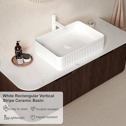 48" Floating Bathroom Vanity with Sink, Wall-Mount Cabinet with 2 Large Storage Drawer, White Rectangular Ceramic Basins and Marble Top, Soft-Close Design, Dark Walnut