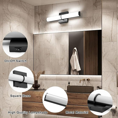 OOWOLF 2Pack 17.3Inch Black Vanity Light Fixture with Switch, 12W 5000K Led Bathroom Light Fixture Over Mirror, Hardwired Wall Light, 1200LM Vanity Light Bar for Mirror Bedroom Hallway Living Room