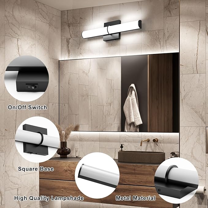 OOWOLF 17.3Inch Modern Black Vanity Light Fixture with Switch, 12W 5000K Led Bathroom Light Fixture Over Mirror, Hardwired Wall Light, 1200LM Vanity Light Bar for Mirror Bedroom Hallway Living Room