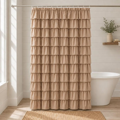 Brown Ruffle Shower Curtain, Chocolate Farmhouse Design for girls, Elegant Privacy & Cute Luxury Ruffled, Boho Bathroom Decor, Bath Curtains, Vintage Taupe, Modern Country Style, 72 x 84 inch