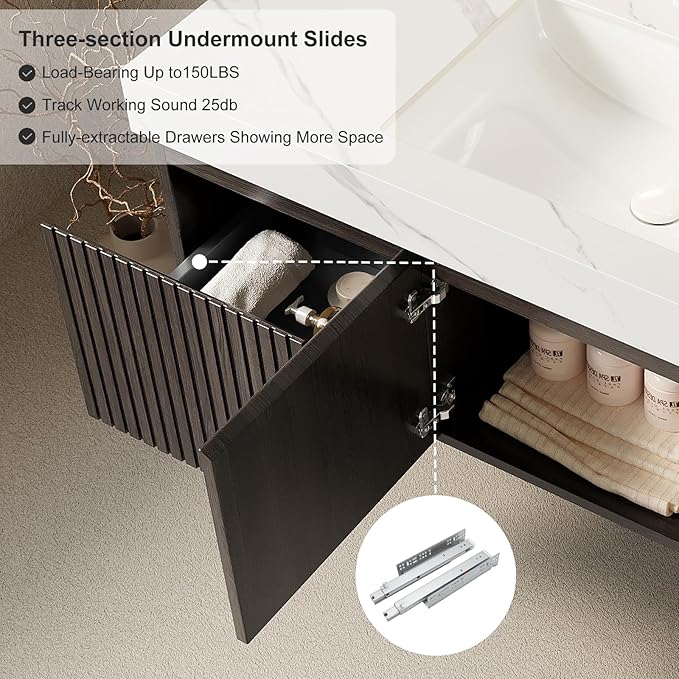 Ambrovina 48 inch Floating Bathroom Vanity with Sink, Plywood Storage Vanities with Drawer and 2 Doors, Carrara White Sintered Stone Top and Ceramic Basin, Pre-Assembled Cabinet, Espresso Woodgrain