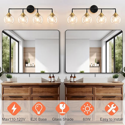Bathroom Vanity Light with Clear Glass Shade, E26 Base, 31 Inch Vanity Lighting Fixtures Over Mirror, Vanity Lights for Bathroom (Exclude E26 Bulb) - Black and Gold, 4-Lights