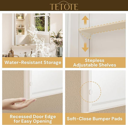 TETOTE 40 x 26 Medicine Cabinet with Mirror with Tempered Beveled MirrorWhiteMedicine Cabinet Aluminum Cabinet DTC Hinges, Stepless Adjustable Shelves, Recessed/Surface-Mounted