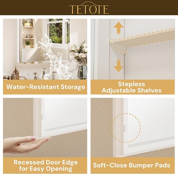 TETOTE 12 x 36 Bathroom Vanity Mirror Cabinet with Tempered Beveled Mirror White Medicine Cabinet Aluminum Cabinet DTC Hinges, Stepless Adjustable Shelves, Recessed/Surface-Mounted