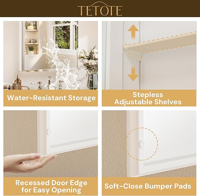 TETOTE 15 x 36 Medicine Cabinetwith Mirror with Tempered Beveled MirrorWhiteMedicine Cabinet Aluminum Cabinet DTC Hinges, Stepless Adjustable Shelves, Recessed/Surface-Mounted