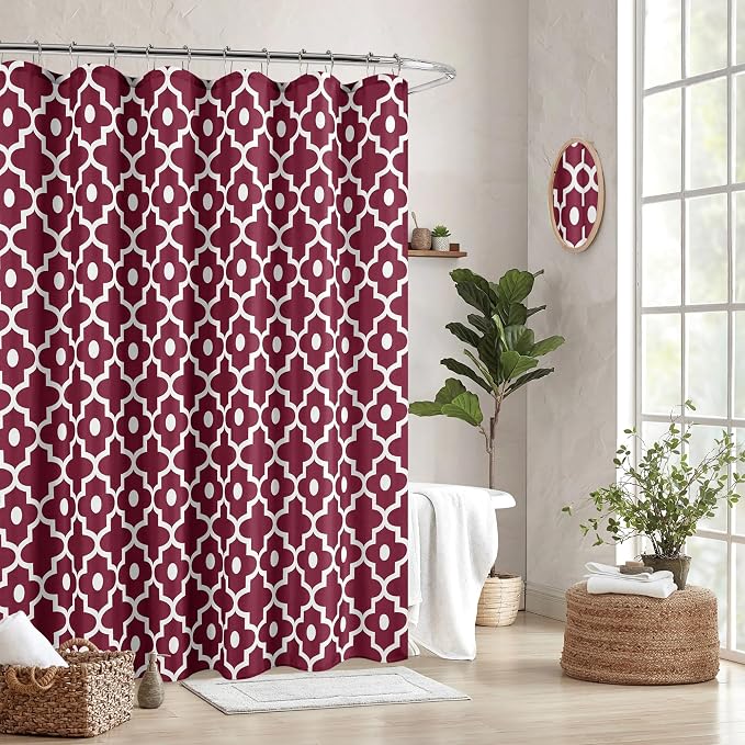 Fabric Modern Moroccan Shower Curtains for Bathroom-Burgundy & White | 72"W x 72"L Textured Faux Linen Elegant Classic Bath Decor-Hotel Quality Transitional Geometric Washable & Breathable Cloth