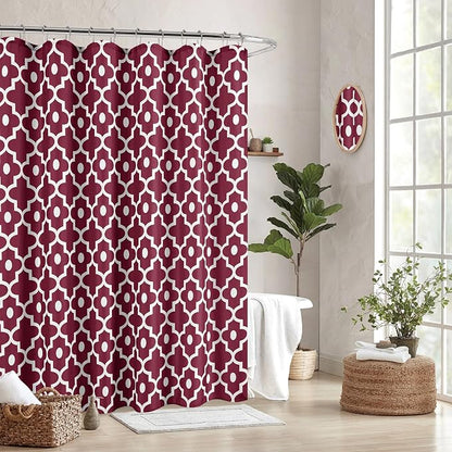 Fabric Modern Moroccan Shower Curtains for Bathroom-Burgundy & White | 72"W x 72"L Textured Faux Linen Elegant Classic Bath Decor-Hotel Quality Transitional Geometric Washable & Breathable Cloth