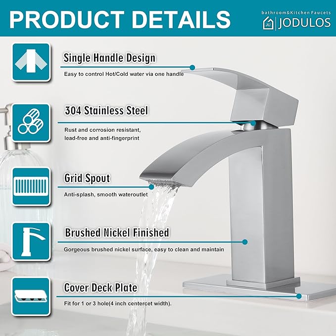 Brushed Nickel Bathroom Faucet Single Handle, Waterfall Faucet for Bathroom Sink Single Hole with cUPC Supply Hose and Pop Up Drain