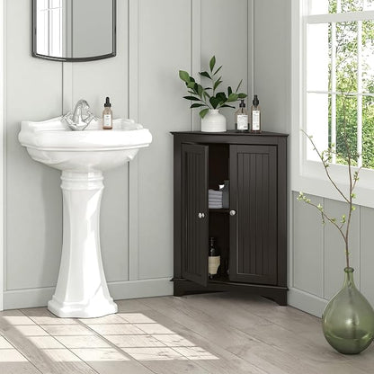 Spirich Floor Corner Cabinet with Two Doors and Shelves, Free-Standing Corner Storage Cabinets for Bathroom, Kitchen, Living Room, Espresso | Space-Saving Corner Design, Adjustable Shelf, Enclosed Storage, Beadboard Doors, Silver Knobs, FSC-Certified E...