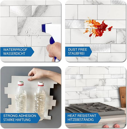 Stone Peel Stick Backsplash Tiles Kitchen Wall White Silver 10pcs