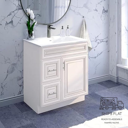 30" Antique White Bathroom Vanity Base with Drawers – Ready-to-Assemble Sink Cabinet, 2 Drawers and 1 Door, 30" W x 21" D x 34.5" H, Base Only