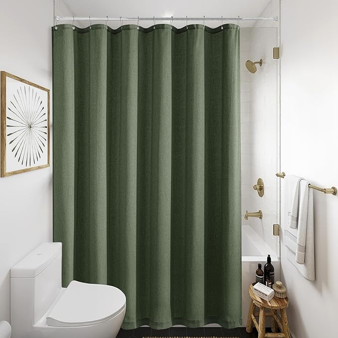 Olive Green Shower Curtain for Bathroom Water Repellent 72x66 Inch | Dark, Boho Shabby Chic Luxury Aesthetic, Decorative Linen Curtains, for Hotel, Fabric Drapes, with Hooks Sets, 66 Inches Long