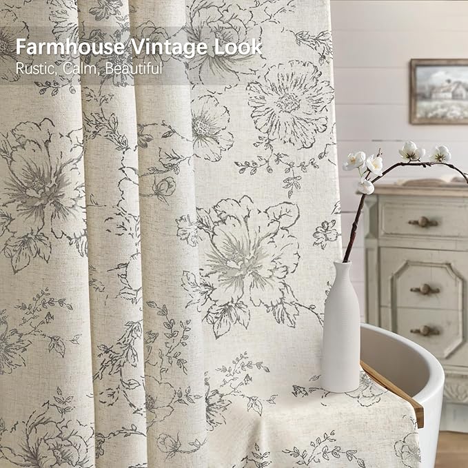 Farmhouse Floral Linen Shower Curtain, Vintage Grey Pattern Rustic Shower Curtains for Bathroom, Tan Taupe,Gray,72x78