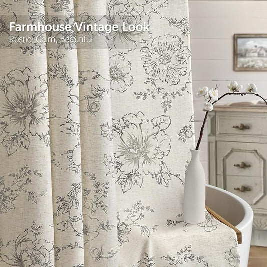 Farmhouse Floral Linen Shower Curtain, Vintage Grey Pattern Rustic Shower Curtains for Bathroom, Tan Taupe,Gray,72x78