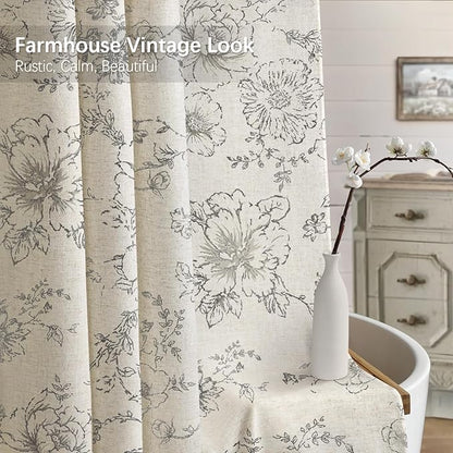 Farmhouse Floral Linen Shower Curtain, Vintage Grey Pattern Rustic Shower Curtains for Bathroom, Tan Taupe,Gray,72x84
