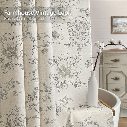 Farmhouse Floral Vintage Shower Curtain for Bathroom, Grey and Tan Taupe | 72" W x 78" L, Elegant Boho Pattern Bath Curtain Linen Fabric