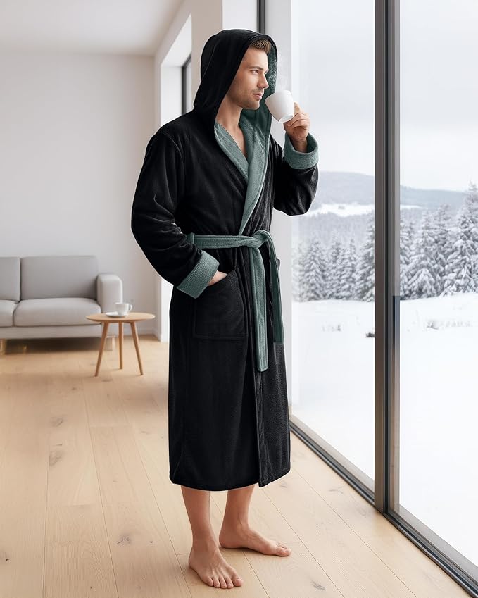 NY Threads Mens Robe with Hood, Luxury Plush Fleece Hooded Mens Bathrobe, Spa Bath Robe for Men