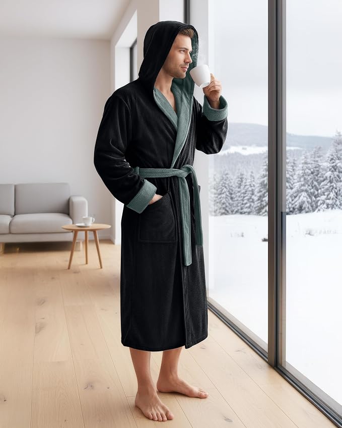 NY Threads Luxury Ultra Soft Mens Robe with Hood Plush Fleece Long Bathrobe