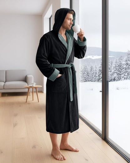 NY Threads Mens Robe with Hood, Luxury Plush Fleece Hooded Mens Bathrobe, Spa Bath Robe for Men