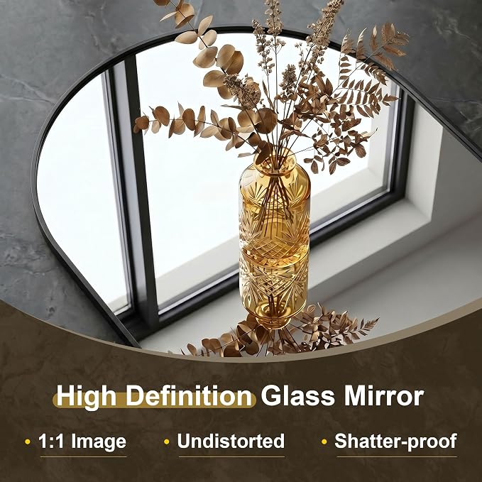 AMOISE Arched Bathroom Mirror for wall, 32"x30" Vanity Mirror, Black | Metal Frame, HD Glass, Over Sink Mirror for Bathroom, Entryway, Living Room & Bedroom