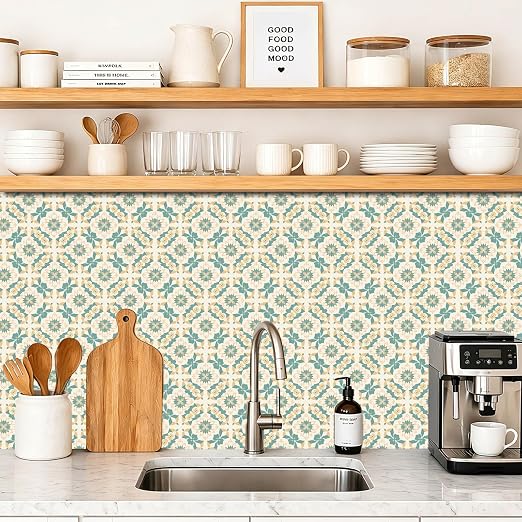 Teal Beige Floral Peel and Stick Floor Tiles 12x12 Inch 10PCS | Teal and beige floral geometric pattern vinyl floor stickers for kitchen bathroom entryway and indoor home decor