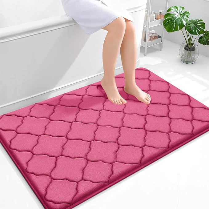 OLANLY Memory Foam Bath Mat Rug 47x32, Ultra Soft and Absorbent Bathroom Rugs, Non-Slip, Comfortable, Machine Washable Bath Carpet for Bathroom Floor, Tub, Shower and Home Decor Accessories, Deep Pink