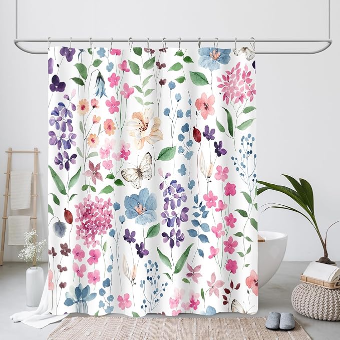 Colorful Floral Shower Curtain, Pink Green Blue Flower Fabric Shower Curtain for Bathroom, Cute Wildflower Butterfly Cloth Shower Curtain Set with Hooks, 72x72