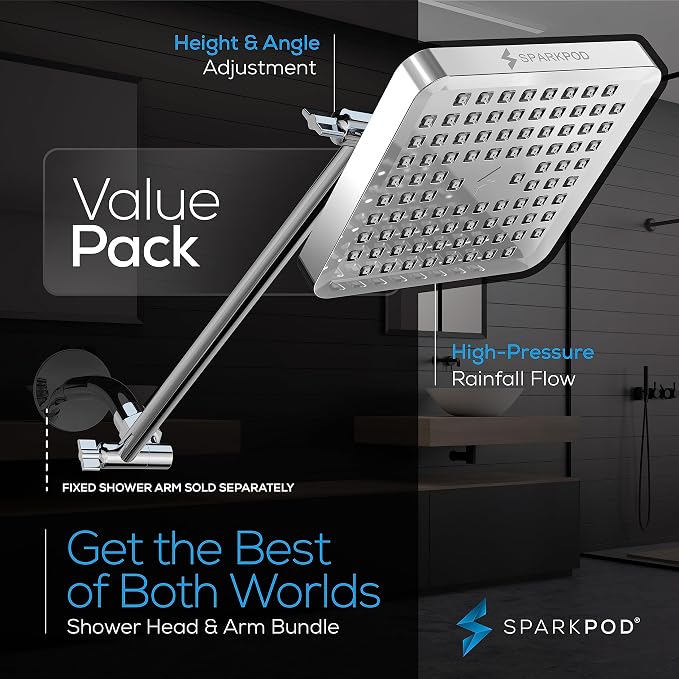 SparkPod 6" Square Rain Shower Head with 16" Shower Arm | Shower Head & Extension Arm Combo, Height Adjustable, High Pressure Performance, Easy 1-Minute Installation, Polished Chrome