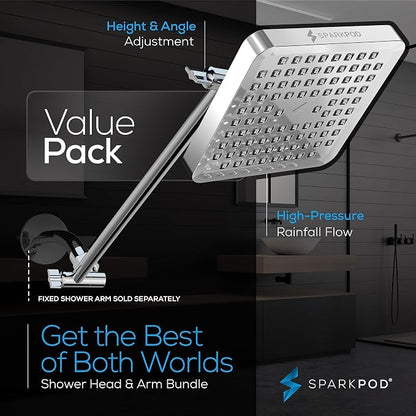 SparkPod 6" Square Rain Shower Head with 16" Shower Arm | Shower Head & Extension Arm Combo, Height Adjustable, High Pressure Performance, Easy 1-Minute Installation, Polished Chrome