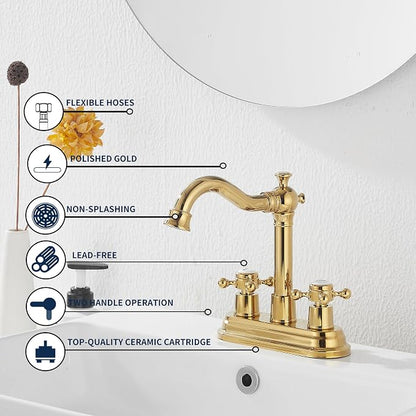 Bathroom Faucet Polished Gold 2 Handles 4 Inches Centerset Bathroom Vanity with Drain Assembly and Supply Hose Lavatory Faucet