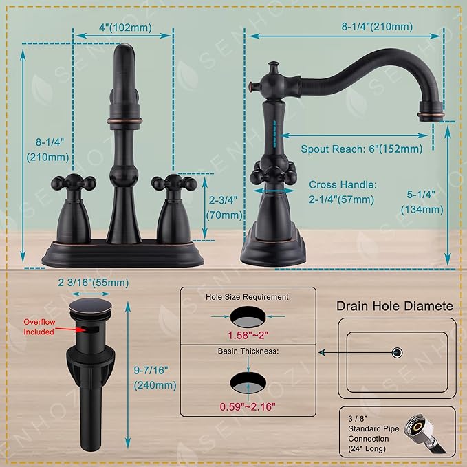 Oil Rubbed Bronze Bathroom Faucet 2 Hole, 4 Inch Centerset Antique Bathroom Faucet with Pop Up Drain and Supply Hose, Modern Bathroom Faucet Vanity Faucet, SE-0038-ORB