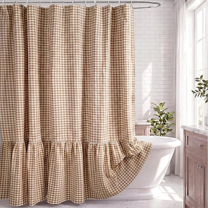 HunnmingRe Ruffle Hem Gingham Shower Curtain Taupe | 72'' x 72'' Vintage Farmhouse Curtain, Cotton Cottage Core Rural Checkered Plaid Decor, Fall Shower Curtain for Bathroom