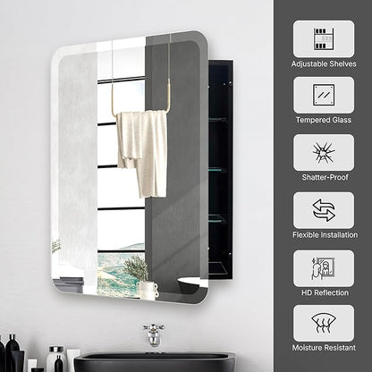 HOUSE REFLECTION 22 x 30 Rectangle Recessed Bathroom Medicine Cabinet – Frameless Beveled Edge Mirror, Adjustable Shelves, Rust Resistant, Durable Wall-Mounted Metal Construction, Black