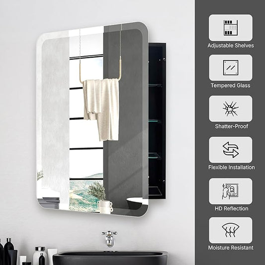 HOUSE REFLECTION 22 x 30 Rectangle Recessed Bathroom Medicine Cabinet – Frameless Beveled Edge Mirror, Adjustable Shelves, Rust Resistant, Durable Wall-Mounted Metal Construction, Black
