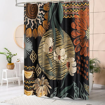 Dark Floral Shower Curtain, Boho Vintage Botanical Fabric Curtain, 36 x 72 | Boho Chic Floral, Vintage Botanical, Modern Farmhouse, Eclectic Rustic, Colorful Flowers, Fabric Shower Curtain