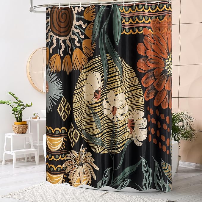 Dark Floral Shower Curtain, Boho Vintage Botanical Fabric Curtain, 72 x 78 | Boho floral, vintage botanical, dark floral, rustic farmhouse, colorful flowers, fabric shower curtain