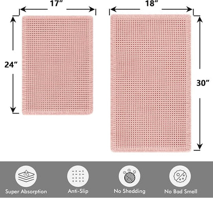 MIULEE Set of 2 Waffle Bathroom Rugs Boho Bath Mat Pink 17"x24"+18"x30" | Non Slip, Super Absorbent, Washable, Ultra Soft, Rubber Backed, Small Bath Rugs for Bathroom Floor Tub Shower