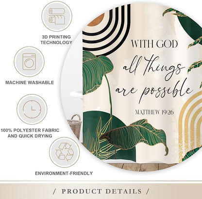 Green Boho Bible Shower Curtain Christian Scripture Bathroom Curtain Set | Verse Inspirational Quotes Abstract Tropical Palm Mid Century 60Wx72L Bathroom Decor Waterproof Fabric with Free Hooks