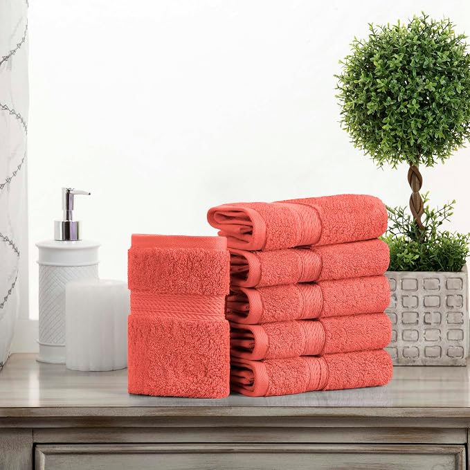 SUPERIOR Egyptian Cotton Plush & Absorbent, Face Towel Set of 6, Coral | Quick Dry, Soft Luxury Towel Set, Bath Essentials for Bathroom, Guest Bath, Spa, 2 Piece Face, Madeline Towels