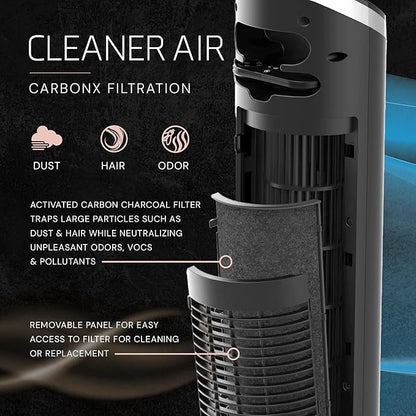 Lasko Apex Tower Fans Oscillating Quiet 42" - 29 ft/s Airflow, 28 dB, 90° Oscillation, 12H Timer, Air Filter for Hair & Dust, Remote, Black, Floor Fans for Home Bedroom, RST200