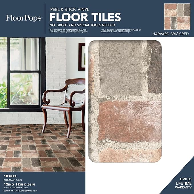 FloorPops Harvard Brick Red Peel & Stick Floor Tiles