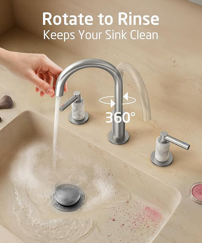 KES Natural Italian Carrara Marble Brushed Nickel Bathroom Faucet 3 Hole with All Metal Pop Up Sink Drain, 8 Inch Widespread Bathroom Sink Faucet for Vanity, 360° Swivel Spout, 18/8 Stainless Steel