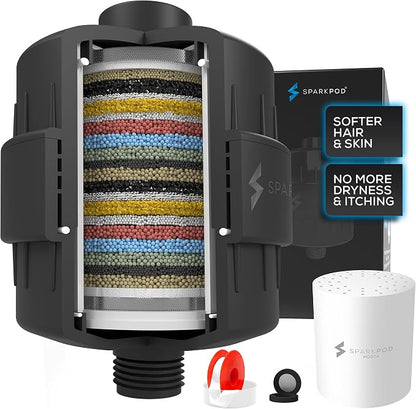 SparkPod 23-Stage Shower Head Filter for Showerheads, Black Matte | Removes Chlorine & Heavy Metals, Helps Improve Hard Water, with Activated Carbon and KDF-55 Layers, High Output