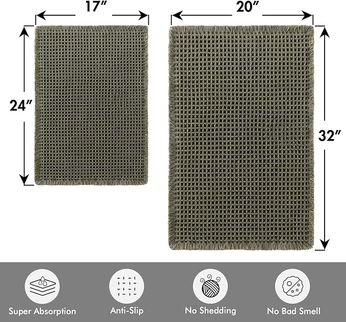 MIULEE Set of 2 Waffle Bathroom Rugs Boho Bath Mat Green 17"x24"+20"x32" | Non Slip, Super Absorbent, Washable, Ultra Soft, Rubber Backed Bath Rugs for Bathroom Floor Tub Shower