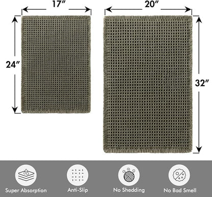 MIULEE Set of 2 Waffle Bathroom Rugs Boho Bath Mat Green 17"x24"+20"x32" | Non Slip, Super Absorbent, Washable, Ultra Soft, Rubber Backed Bath Rugs for Bathroom Floor Tub Shower